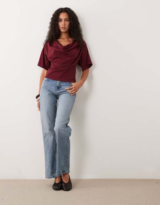 Miss Selfridge cowl neck t-shirt with batwing sleeves in red, 2 of 4