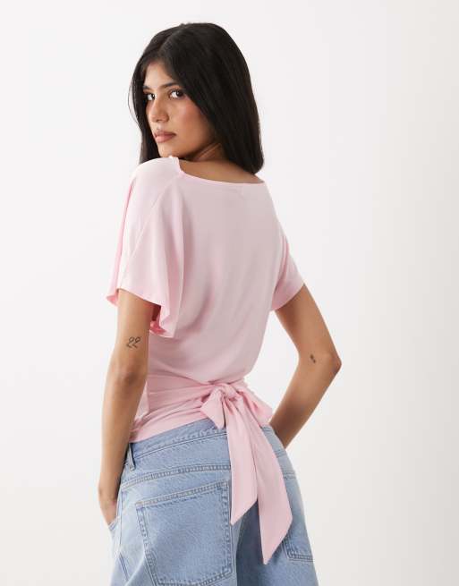 Miss Selfridge cowl neck top with batwing sleeves in pink, 2 of 4