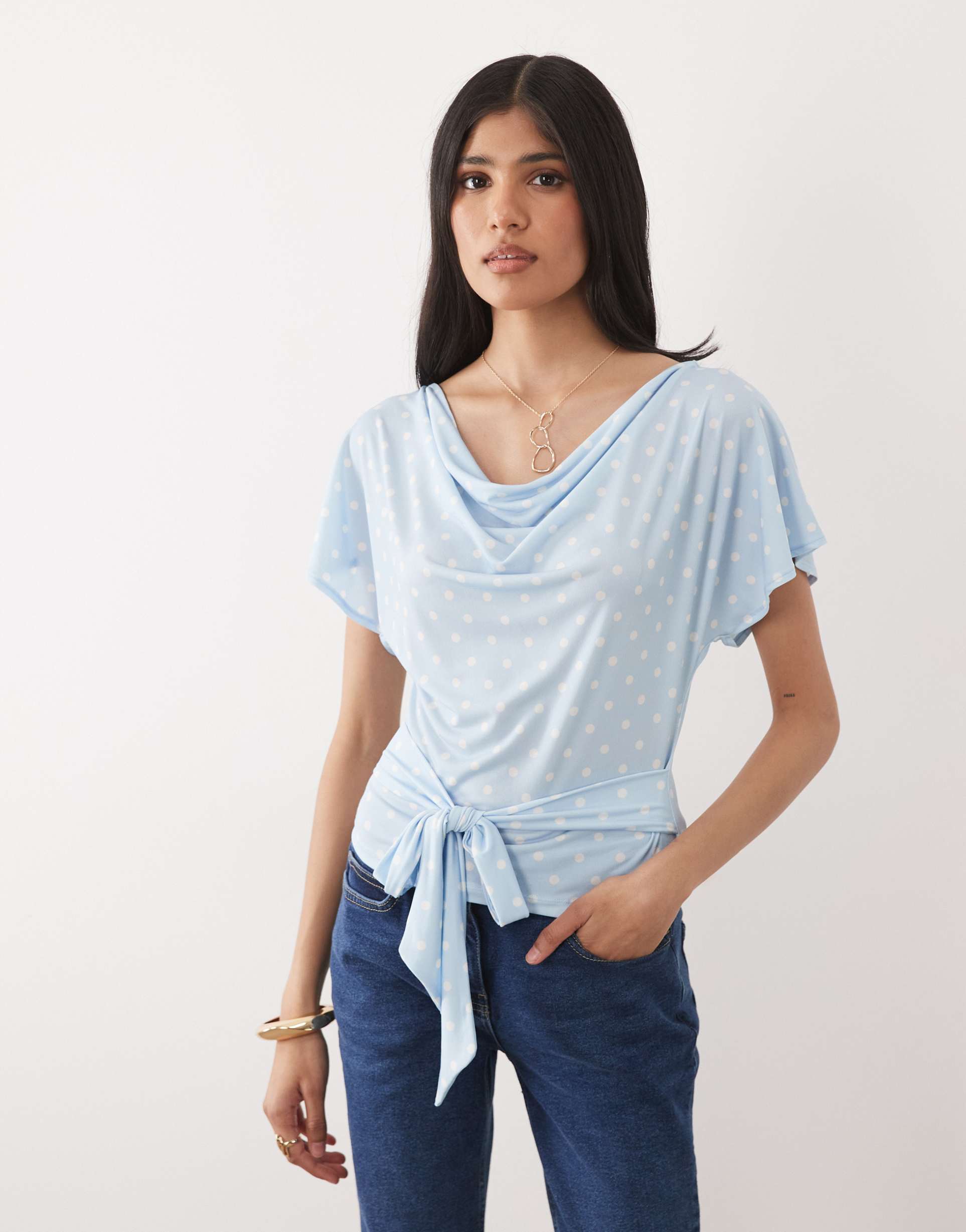 miss selfridge cowl neck top with batwing sleeves in polka dots