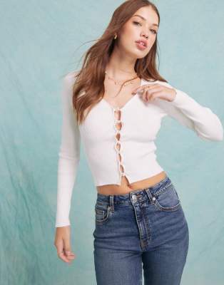 cozy knit rib V neck faux pearl button detail long sleeve top in cream-White