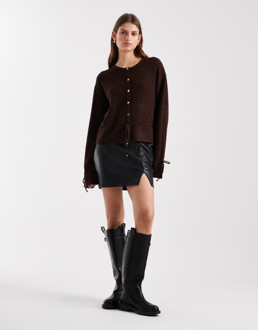 Miss Selfridge cozy peplum hem cardigan in chocolate, 2 of 4