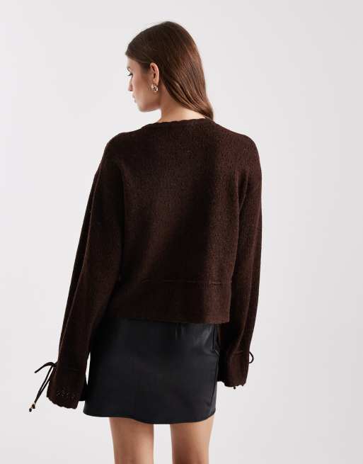 Miss Selfridge cozy peplum hem cardigan in chocolate, 4 of 4