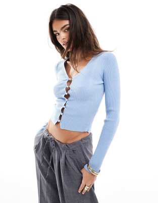 Miss Selfridge Cozy Rib Knit V Neck Faux Pearl Button Detail Long Sleeve Top In Pale Blue