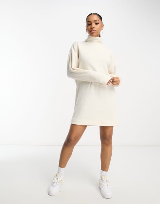 White Ruched Maternity Sweater Dress with Turtle Neckline