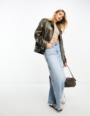 Miss Selfridge cracked faux leather oversized biker jacket in brown | ASOS