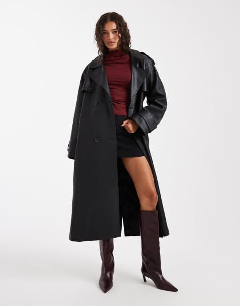 Miss Selfridge crackled faux leather trench coat in black - view 1
