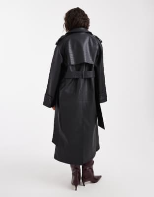 Miss Selfridge Crackled Faux Leather Trench Coat In Black