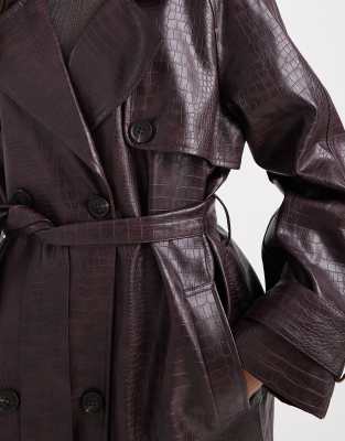 Miss Selfridge Crackled Faux Leather Trench Coat In Brown