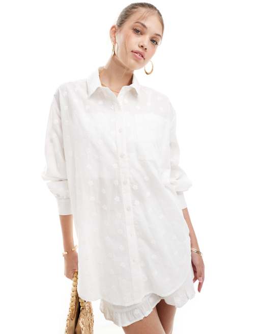 Miss Selfridge - Creme broderet oversized skjorte i bomuld