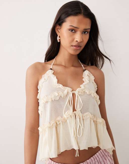 Miss Selfridge - Cremefarvet cami-top i gennemsigtig strik med flæser, 3 af 4