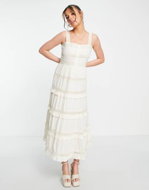 Miss Selfridge - Cremefarvet midikjole med broderi flæsedetaljer med stropper - view 1