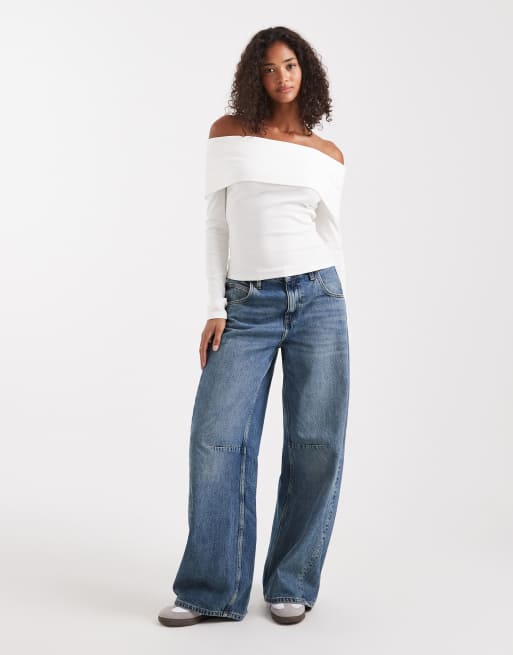 Miss Selfridge - Cremehvid bardot-top i blandet ribstrik, 3 af 4