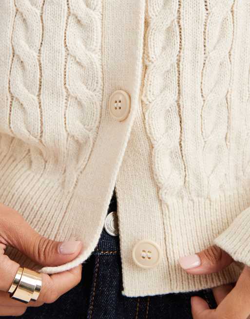 Miss Selfridge - Cremehvid kabelstrikket cardigan med rund hals, 4 af 4