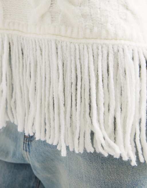 Miss Selfridge - Cremehvid kabelstrikket oversized tanktop med frynser, 4 af 4