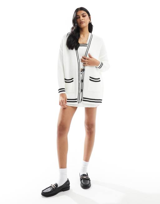 Miss Selfridge - Cremehvid lang varsity-cardigan med kontrastkanter, 3 af 4