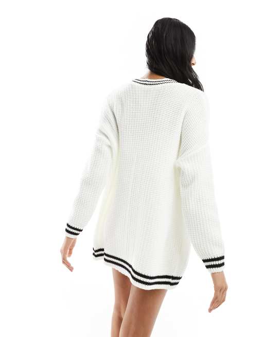 Miss Selfridge - Cremehvid lang varsity-cardigan med kontrastkanter, 4 af 4