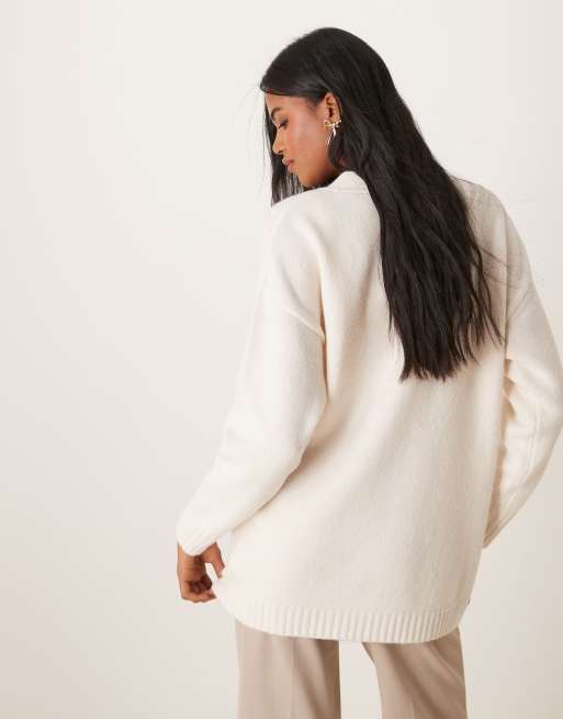 Miss Selfridge - Cremehvid mellemlang cardigan med sømdetaljer, 2 af 4