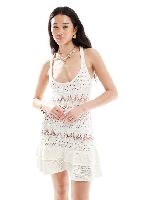 Miss Selfridge - Cremehvid minikjole med flæser og hæklet look, 3 af 4