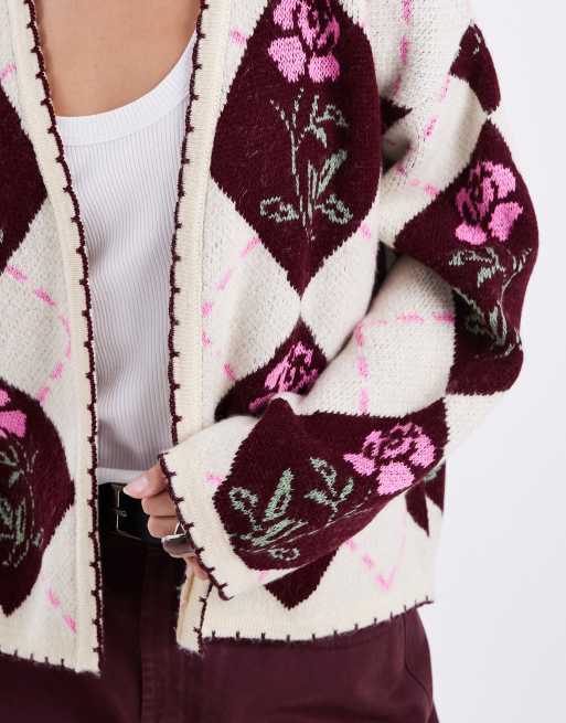 Miss Selfridge - Cremehvid og chokoladebrun cardigan med blomstermønster og argyle-tern, 4 af 4