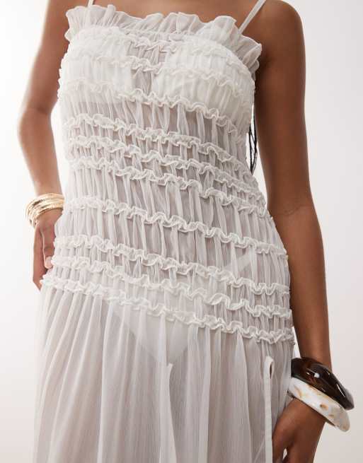 Miss Selfridge - Cremehvid og gennemsigtig strand-maxikjole med rynker, 2 af 4