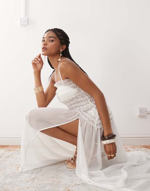 Miss Selfridge - Cremehvid og gennemsigtig strand-maxikjole med rynker, 4 af 4