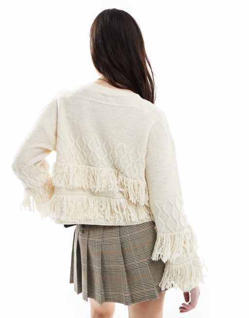Miss Selfridge - Cremehvid strikket boho-cardigan med frynser , 4 af 4