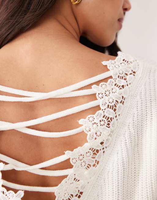 Miss Selfridge - Cremehvid strikket top med gitterryg og blonder, 3 af 4