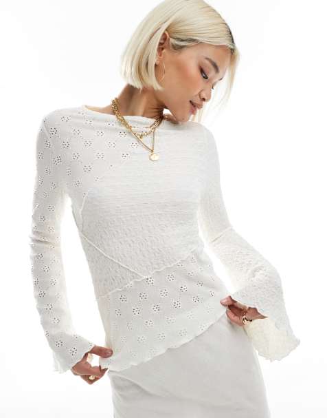 Miss Selfridge - Cremehvid top med lange ærmer med svaj og blandede teksturer i jersey - view 1