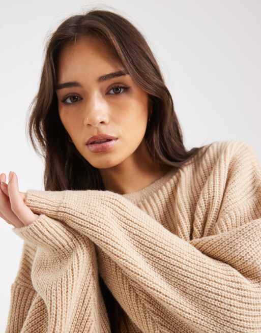 Miss Selfridge crew neck batwing jumper in light stone, 3 of 4