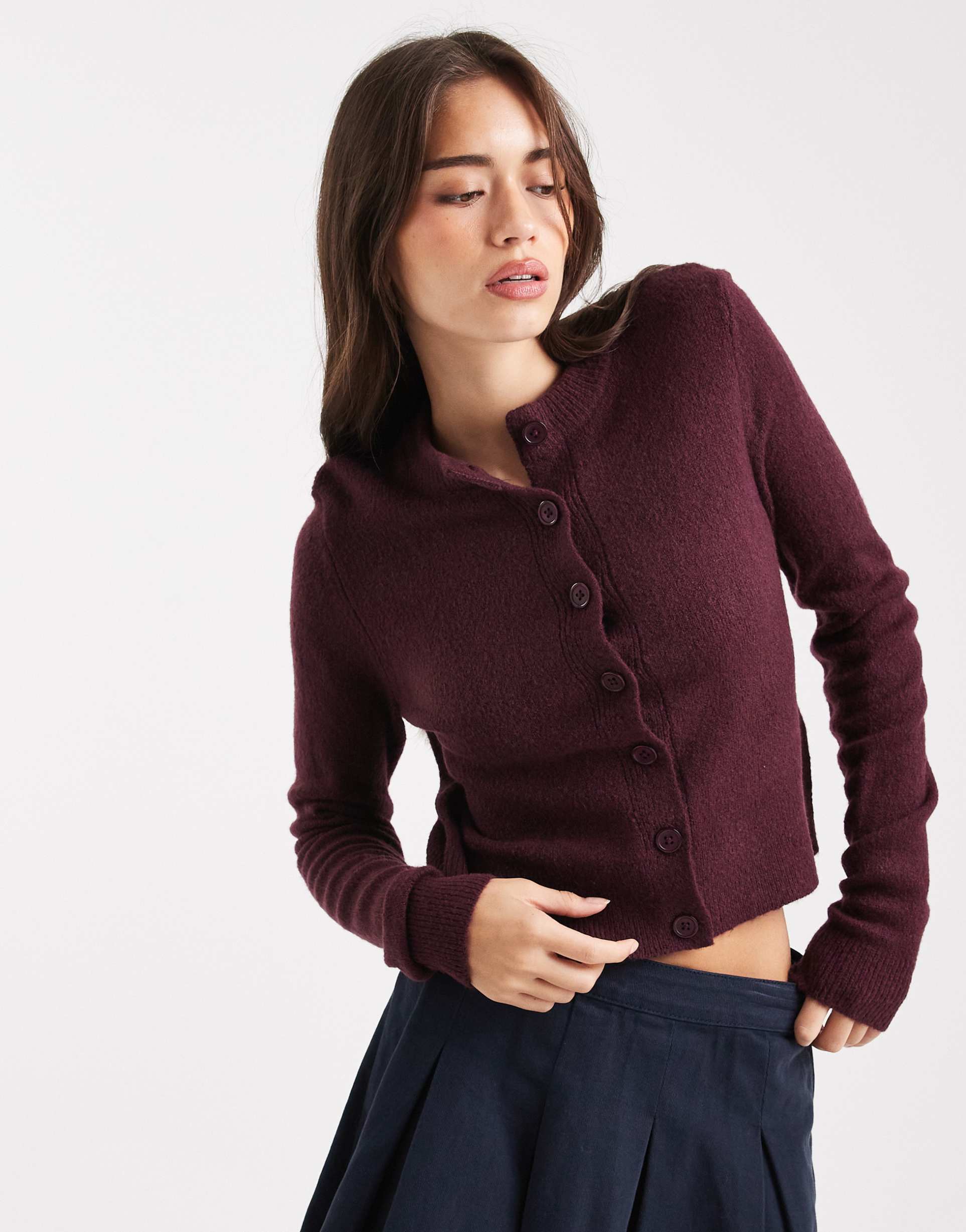 miss selfridge crew neck cardigan in plum