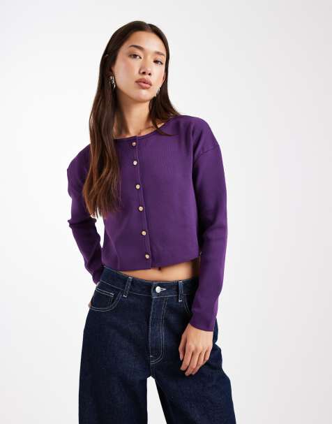 Miss Selfridge crew neck cardigan in plum - view 1
