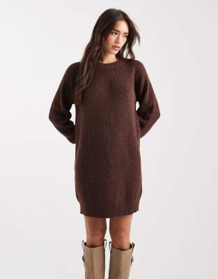 Miss Selfridge crew neck knit mini dress in chocolate-Brown