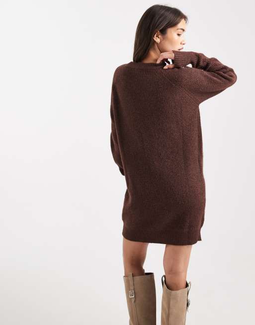 Miss Selfridge crew neck knit mini dress in chocolate