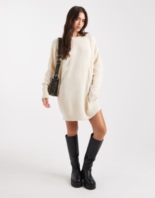 Miss Selfridge crew neck knit mini dress in cream-White