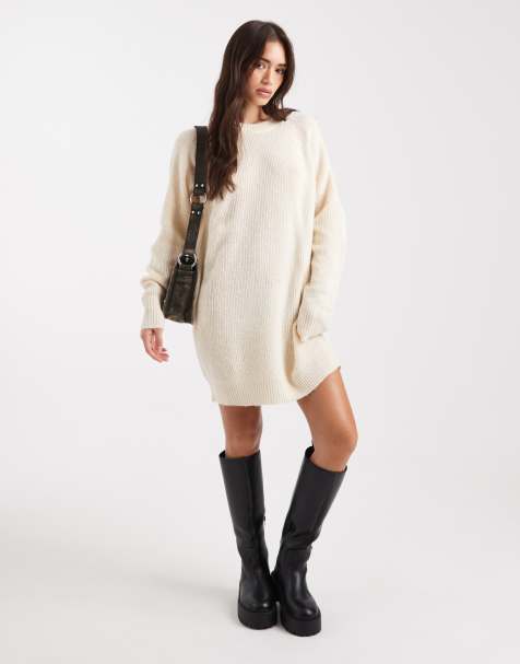 Miss Selfridge crew neck knit mini dress in cream - view 1