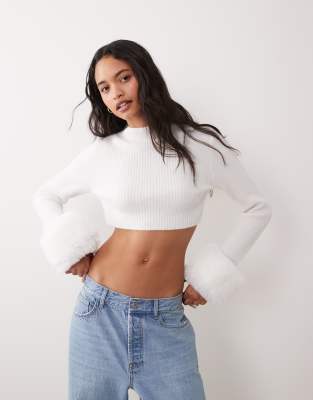 Miss Selfridge Crew Neck Knit Sweater With Fur Collar And Cuff In White