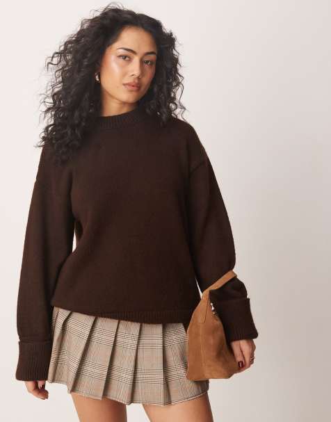 Miss Selfridge crew neck knitted jumper in brown - view 1