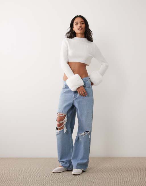 Miss Selfridge crew neck knitted jumper with fur collar and cuff in cream, 4 of 4