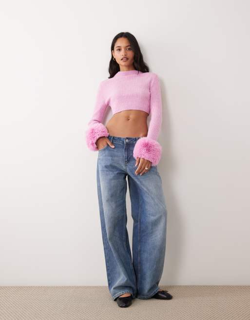 Miss Selfridge crew neck knitted jumper with fur collar and cuff in pink, 4 of 4