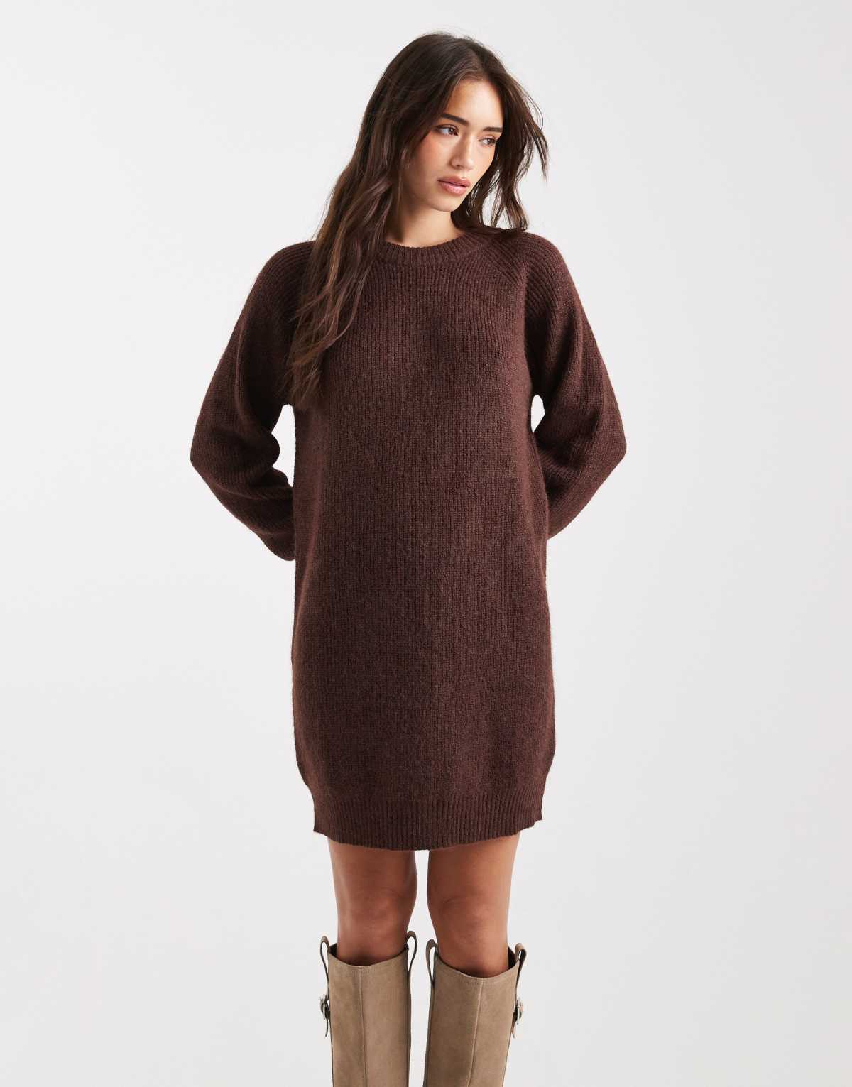Miss Selfridge crew neck knitted mini dress in chocolate