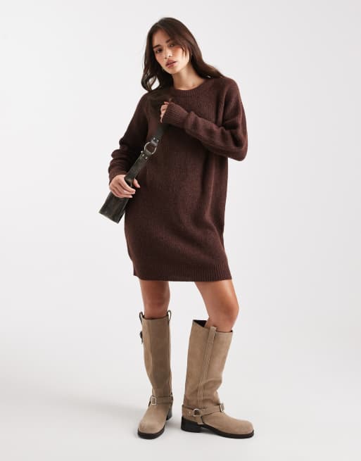 Miss Selfridge crew neck knitted mini dress in chocolate, 2 of 4