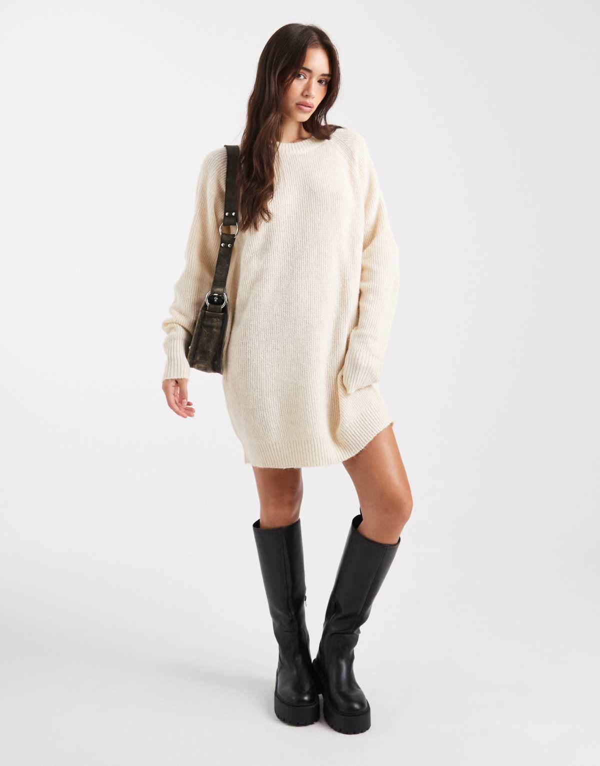 Miss Selfridge crew neck knitted mini dress in cream