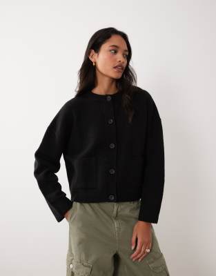 Miss Selfridge Crew Neck Pocket Detail Cardigan In Black
