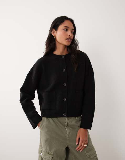 Miss Selfridge crew neck pocket detail cardigan in black - view 1