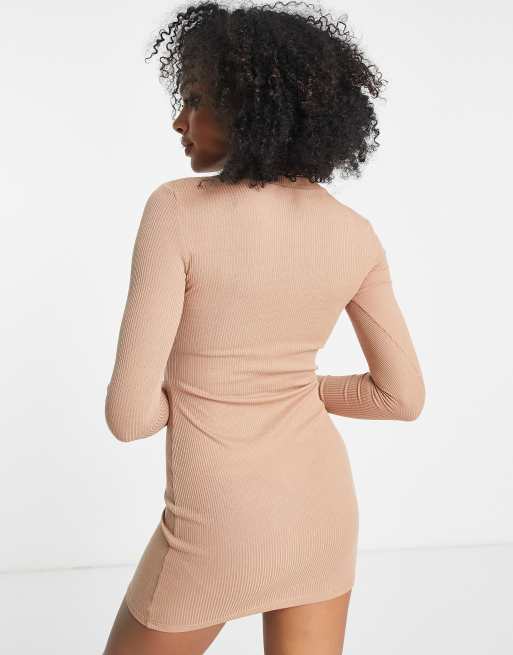 Miss Selfridge crew neck rib bodycon mini dress in camel, 4 of 4