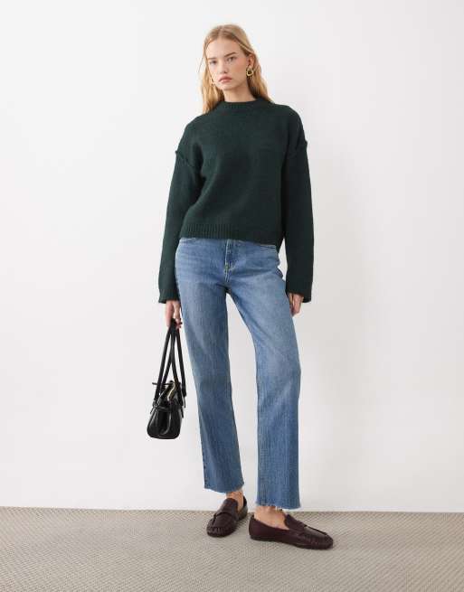 Miss Selfridge crew neck slouch jumper in forest green, 2 of 4