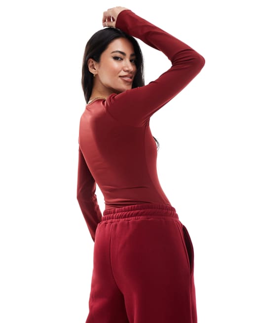 Miss Selfridge crew neck soft touch sweat bodysuit in burgundy (part of a set)