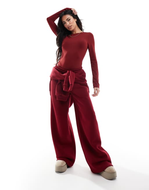 Miss Selfridge crew neck soft touch sweat bodysuit in burgundy (part of a set)