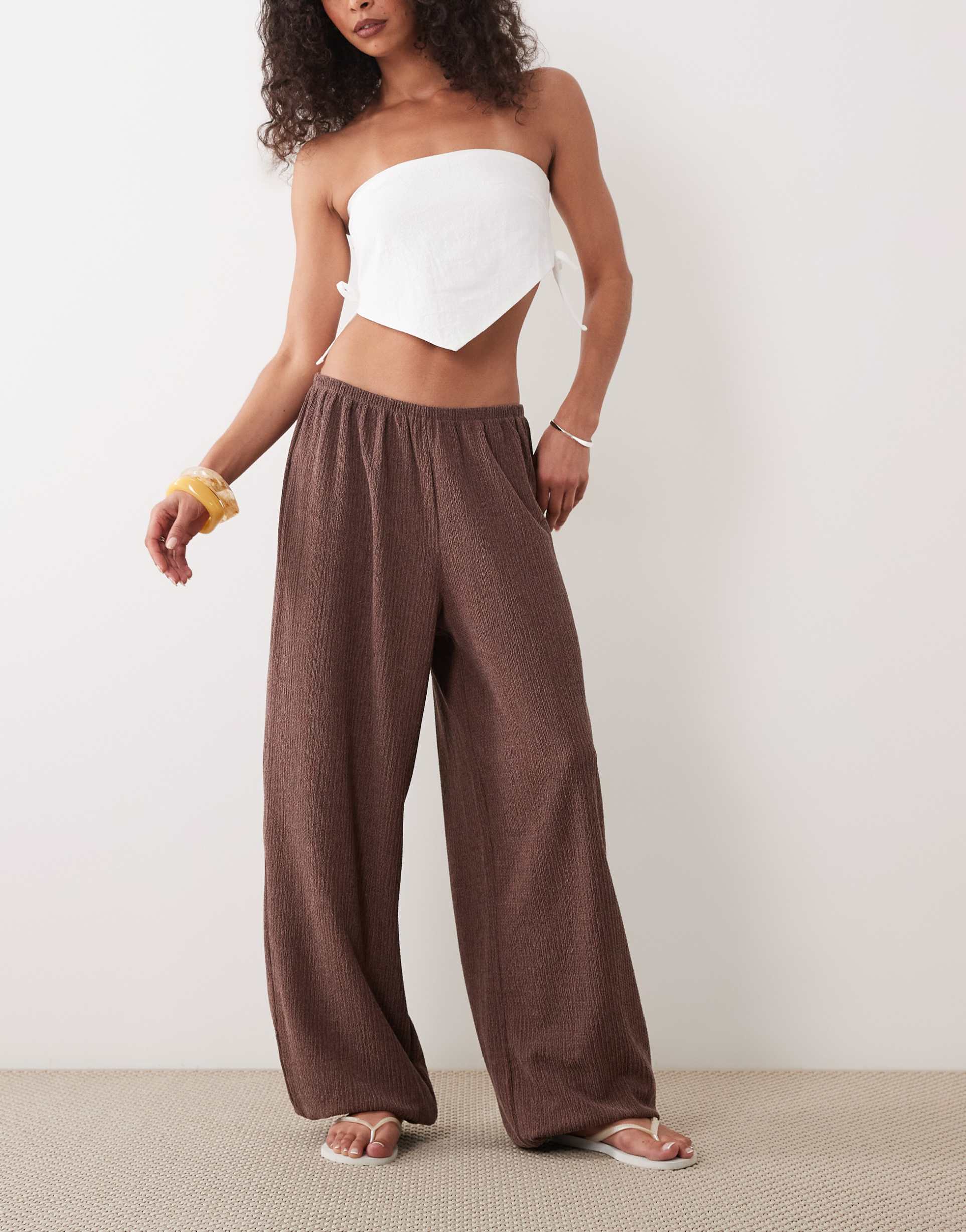 miss selfridge crinkle balloon pants in brown - part of a set