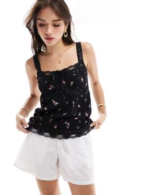 crinkle cami top with lace trim in ditsy print-Multi